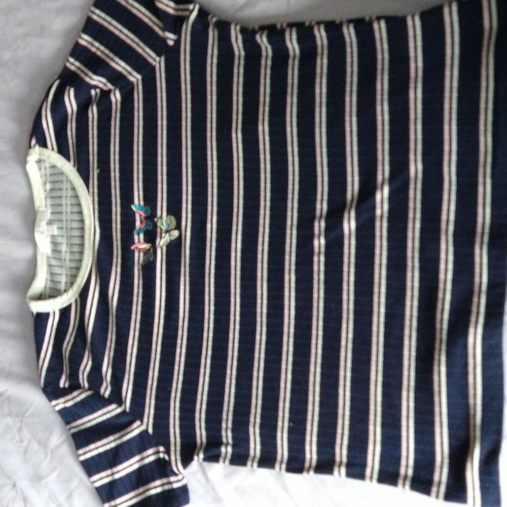 An XL Blue, Pink, and white t-shirt with three butterflies on it